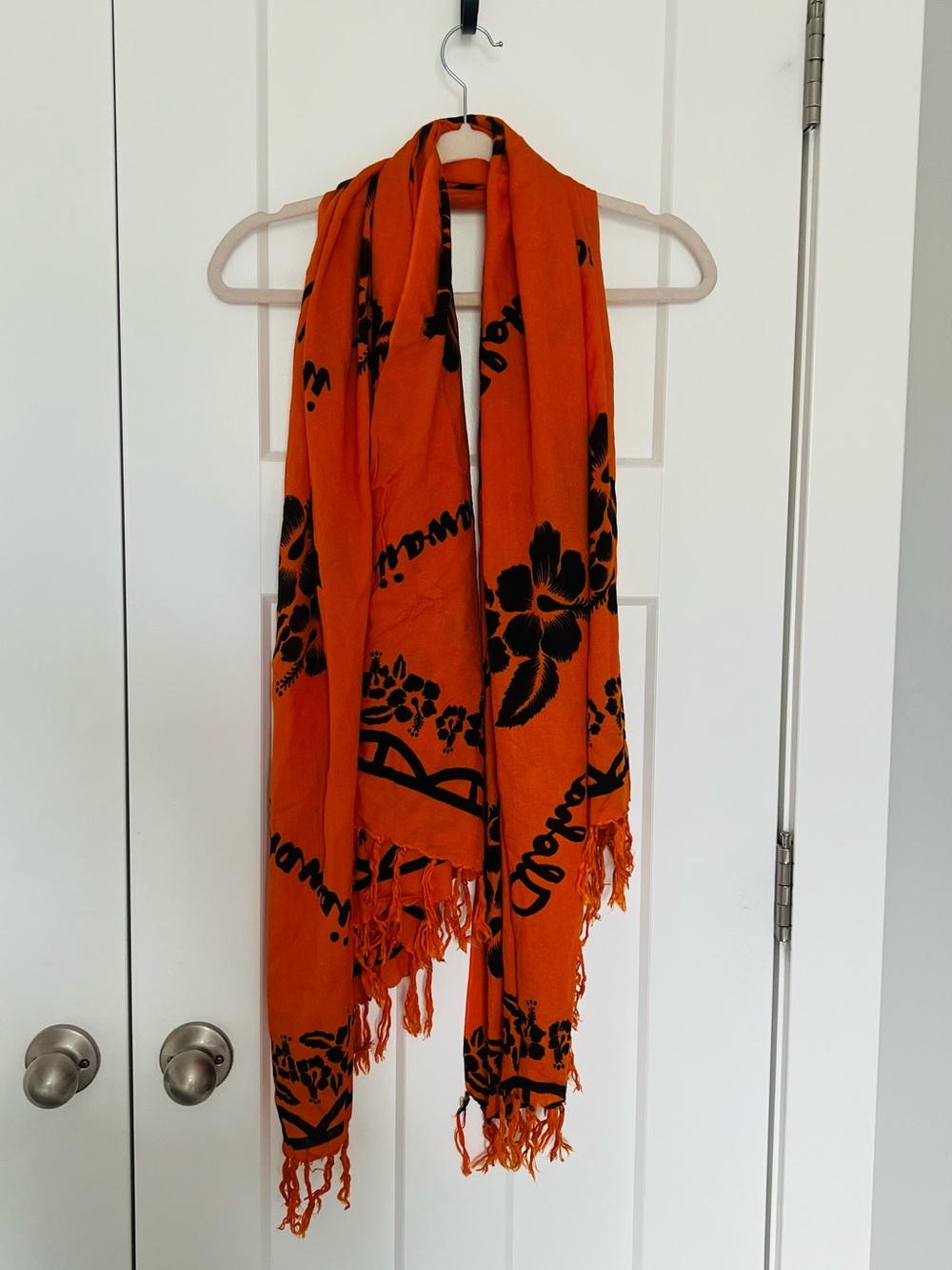 Orange Floral Fringe Scarf -